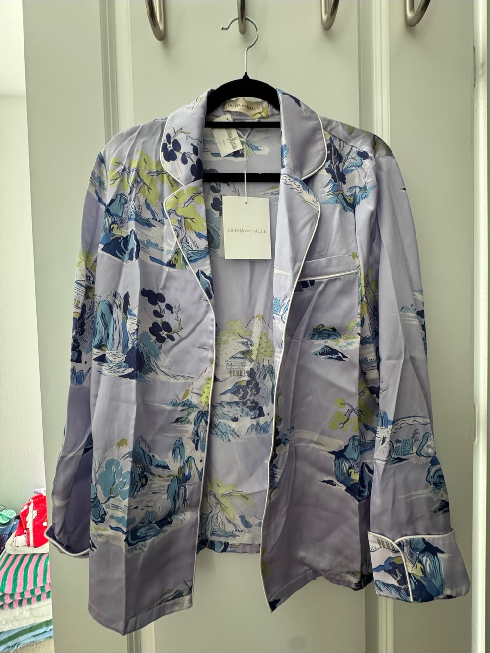 Olivia von Halle Lavender and Blue Scenic Silk Pajama Set